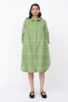 Buy_Leh Studios_Green 100% Linen Solid Collar Fence Pleated Shirt Dress  _at_Aza_Fashions