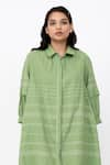 Leh Studios_Green 100% Linen Solid Collar Fence Pleated Shirt Dress  _Online_at_Aza_Fashions