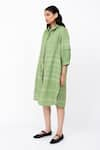 Buy_Leh Studios_Green 100% Linen Solid Collar Fence Pleated Shirt Dress  _Online_at_Aza_Fashions