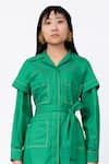 Leh Studios_Green 100% Cotton Solid Lapel Collar Metro Jacket Dress _Online_at_Aza_Fashions