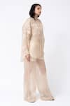 Leh Studios_Beige 100% Organza Silk Solid Tie-up Neck Pleated Tunic  _Online_at_Aza_Fashions