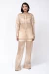 Leh Studios_Beige 100% Organza Silk Solid Tie-up Neck Pleated Tunic  _at_Aza_Fashions