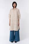 Buy_Leh Studios_Beige 100% Linen Solid Collar Fence Pleated Shirt Dress _at_Aza_Fashions