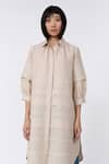 Leh Studios_Beige 100% Linen Solid Collar Fence Pleated Shirt Dress _Online_at_Aza_Fashions