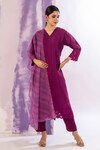 Buy_AMETHYST_Magenta Bamber Silk Embellished Bead V Neck Neckline Straight Kurta Set_Online_at_Aza_Fashions