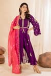 Buy_AMETHYST_Purple Kurta Chanderi Hand Embroidered Sequin V Neck Floral Front Slit Set_at_Aza_Fashions