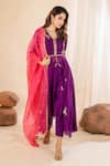 Buy_AMETHYST_Purple Kurta Chanderi Hand Embroidered Sequin V Neck Floral Front Slit Set_Online_at_Aza_Fashions