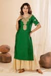AMETHYST_Green Kurta Chanderi Hand Embroidered Dori Notched Round And Dupatta_at_Aza_Fashions