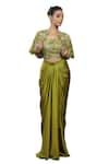 Lasha_Green Italian Satin Hand Embroidered Sequins Blouse Cape And Draped Skirt Set _Online_at_Aza_Fashions