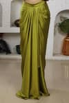 Buy_Lasha_Green Italian Satin Hand Embroidered Sequins Blouse Cape And Draped Skirt Set _Online_at_Aza_Fashions