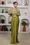 Shop_Lasha_Green Italian Satin Hand Embroidered Sequins Blouse Cape And Draped Skirt Set _Online_at_Aza_Fashions