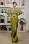 Buy_Lasha_Green Italian Satin Hand Embroidered Sequins Blouse Cape And Draped Skirt Set _at_Aza_Fashions