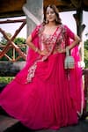 Buy_Lasha_Pink Georgette Hand Embroidered Thread Square Floral Cape Lehenga Set _at_Aza_Fashions