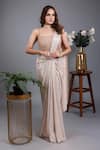 Buy_Lasha_Beige Sequin Lycra Hand Embroidered Crystals Pre-draped Saree With Blouse _at_Aza_Fashions