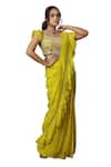 Lasha_Yellow Organza Hand Embroidered Zari Pre-draped Ruffle Saree With Blouse _Online_at_Aza_Fashions