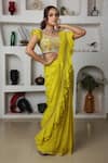 Buy_Lasha_Yellow Organza Hand Embroidered Zari Pre-draped Ruffle Saree With Blouse _at_Aza_Fashions