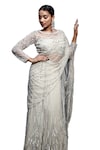 Shop_Lasha_Grey Tulle Net Hand Embroidered Sequin Pre-draped Saree With Blouse _Online_at_Aza_Fashions