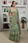 Lasha_Green Organza Hand Embroidered Layered Pre-draped Saree With Blouse _Online_at_Aza_Fashions