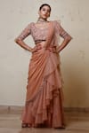 Buy_Lasha_Peach Organza Hand Embroidered Cutdana Leaf Pre-draped Ruffle Saree With Blouse _at_Aza_Fashions