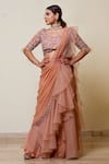 Buy_Lasha_Peach Organza Hand Embroidered Pre-draped Ruffle Saree With Blouse _Online_at_Aza_Fashions