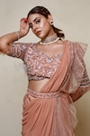 Shop_Lasha_Peach Organza Hand Embroidered Cutdana Leaf Pre-draped Ruffle Saree With Blouse _Online_at_Aza_Fashions