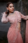 Lasha_Peach Georgette Hand Embroidered Cutdana Pre-draped Saree With Blouse _at_Aza_Fashions