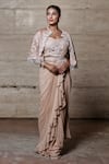 Buy_Lasha_Beige Georgette Hand Embroidered Pre-draped Saree Set With Cape _at_Aza_Fashions