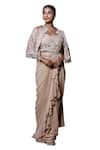 Lasha_Beige Georgette Hand Embroidered Pre-draped Saree Set With Cape _Online_at_Aza_Fashions