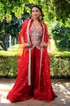 Buy_Lasha_Red Bamber Satin Hand Embroidered Threads Scalloped Cape And Palazzo Set _at_Aza_Fashions