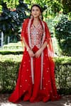 Shop_Lasha_Red Bamber Satin Hand Embroidered Threads Scalloped Cape And Palazzo Set _at_Aza_Fashions