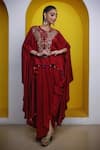 Buy_Lasha_Maroon Crepe Hand Embroidered Zari Round Kaftan And Draped Skirt Set _at_Aza_Fashions