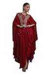 Lasha_Maroon Crepe Hand Embroidered Zari Round Kaftan And Draped Skirt Set _Online_at_Aza_Fashions