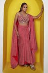 Lasha_Pink Satin Georgette Embroidered Bandhani Print Cape Draped Skirt Set _Online_at_Aza_Fashions