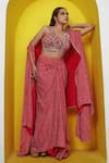 Buy_Lasha_Pink Satin Georgette Embroidered Bandhani Print Cape Draped Skirt Set _Online_at_Aza_Fashions