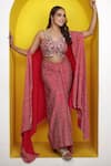 Lasha_Pink Satin Georgette Embroidered Bandhani Print Cape Draped Skirt Set _at_Aza_Fashions