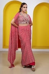 Buy_Lasha_Pink Satin Georgette Embroidered Bandhani Print Cape Draped Skirt Set _at_Aza_Fashions