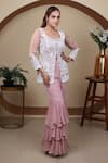 Shop_Lasha_Pink Organza Embroidered Sequin Scoop Jacket Layered Pant Set _Online_at_Aza_Fashions