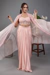 Buy_Lasha_Peach Italian Satin Embroidered Sequin Cape Draped Skirt Set _Online_at_Aza_Fashions