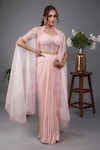 Buy_Lasha_Peach Italian Satin Embroidered Sequin Cape Draped Skirt Set _at_Aza_Fashions