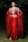 Buy_Lasha_Red Bamber Satin Embroidered Zardosi Blunt Work Cape Draped Skirt Set _at_Aza_Fashions