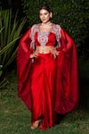 Shop_Lasha_Red Bamber Satin Embroidered Zardosi Blunt Work Cape Draped Skirt Set _at_Aza_Fashions