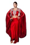 Buy_Lasha_Red Bamber Satin Embroidered Zardosi Blunt Work Cape Draped Skirt Set _Online_at_Aza_Fashions