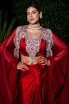 Shop_Lasha_Red Bamber Satin Embroidered Zardosi Blunt Work Cape Draped Skirt Set _Online_at_Aza_Fashions