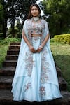 Buy_Lasha_Blue Satin Organza Embroidered Thread Zardosi Floral Lehenga Set _at_Aza_Fashions