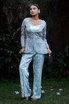 Buy_Lasha_Blue Organza Embroidered Cutdana Collared Peplum Jacket Pant Set _at_Aza_Fashions
