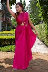 Buy_Lasha_Pink Italian Satin Hand Front Slit Pre-draped Saree With Blouse _at_Aza_Fashions