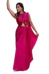 Lasha_Pink Italian Satin Hand Front Slit Pre-draped Saree With Blouse _Online_at_Aza_Fashions