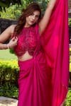 Shop_Lasha_Pink Italian Satin Hand Front Slit Pre-draped Saree With Blouse _Online_at_Aza_Fashions