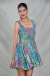 Naintara Bajaj_Multi Color Cotton Poly Printed Abstract Square Neck And Embroidered Short Dress_Online_at_Aza_Fashions