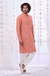 Buy_Taroob_Peach Silk Embroidered Floral Art Sequin Chikankari Kurta Set  